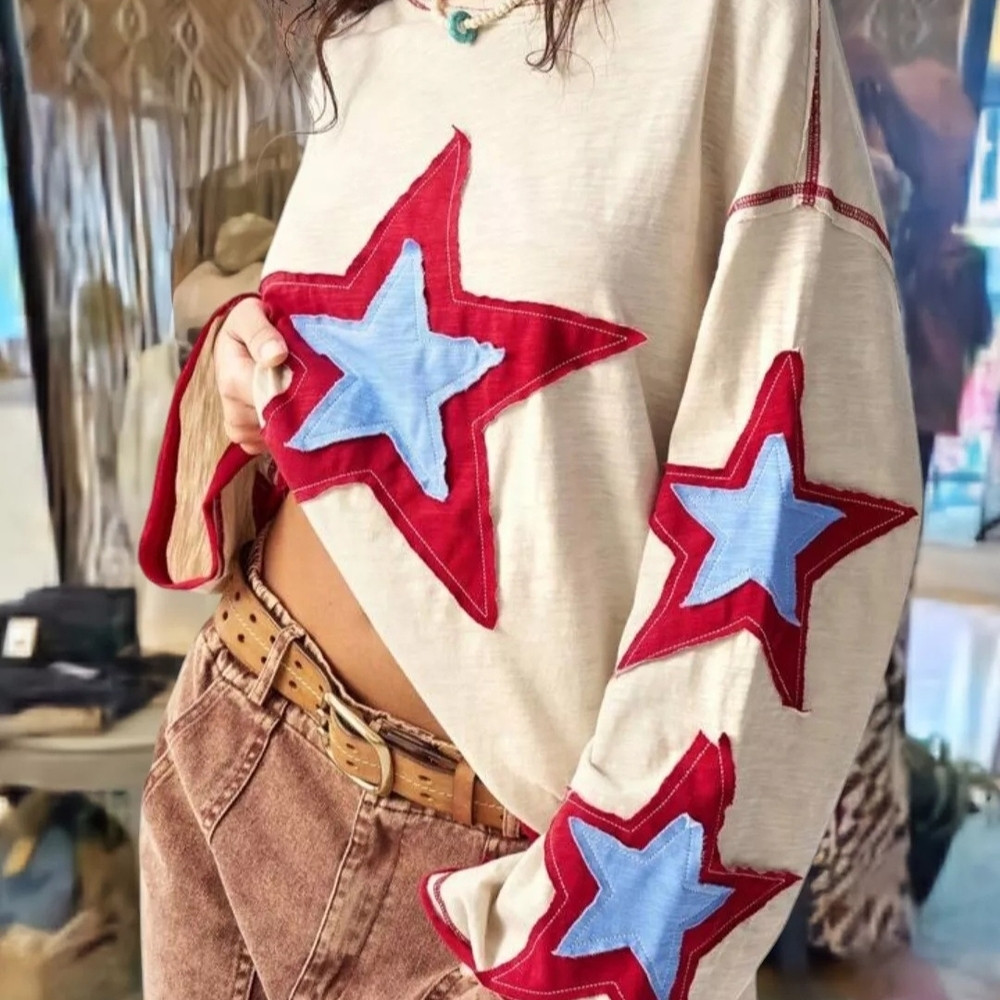 Pol Boho Star Patterned Patchwork Long Sleeve Top… - image 6